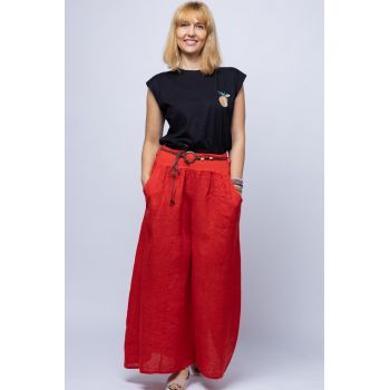 Fusta pantalon rosie casual, din in, cu o curea fancy