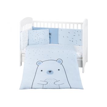 Set lenjerie patut KikkaBoo cu 6 piese si protectie laterala din burete 120x60 cm Bear with me Blue