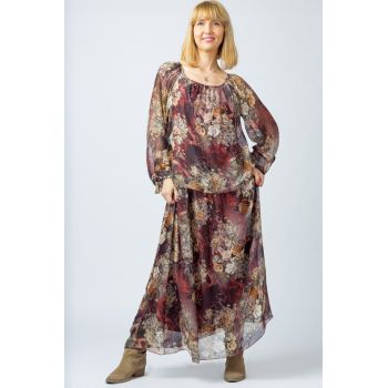 Rochie lunga, cu imprimeu floral pe nuante de bordo, din matase naturala