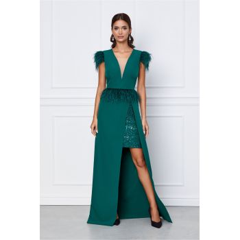 Rochie eleganta din stofa verde lunga cu pene si paiete