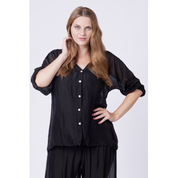 Bluza tip camasa din matase naturala neagra, cu elastic la maneci si dublura