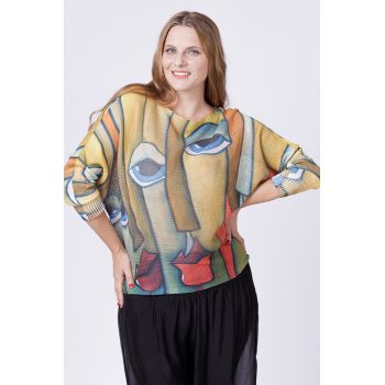 Bluza tricotaj subtire cu imprimeu stil Picasso pe fond galben