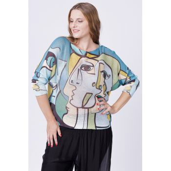 Bluza tricotaj subtire cu imprimeu stil Picasso pe fond turcoaz