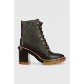 Tory Burch botine Miller femei, culoarea verde, cu toc drept