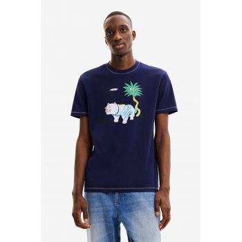 Desigual tricou din bumbac culoarea albastru marin, cu imprimeu