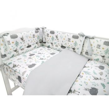 Set lenjerie patut 5 piese cu pilota si perna din bumbac pentru patut 120x60 cm forest friends mint MimiNu