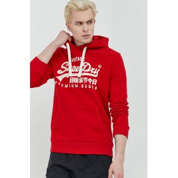 Superdry bluza barbati, culoarea rosu, cu glugă, cu imprimeu