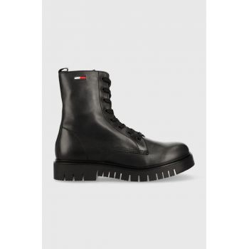 Tommy Jeans bocanci de piele Tommy Jeans Lace Up Wmns Boot femei, culoarea negru, cu toc plat