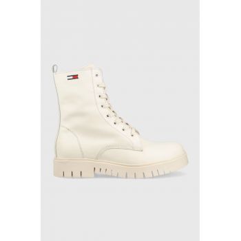 Tommy Jeans bocanci de piele Tommy Jeans Lace Up Wmns Boot femei, culoarea bej, cu toc plat