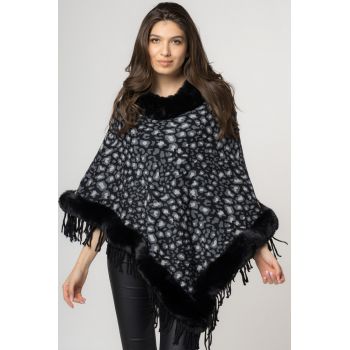 Poncho animal print negru, de oras tivit cu blana