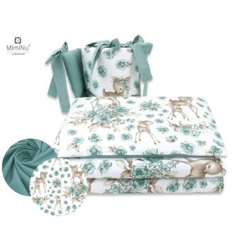 Lenjerie patut 4 piese bumbac MimiNu cu doua protectii laterale pentru patut 120x60 cm Sweet Deer Mint