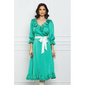 Rochie Felicia verde cu buline albe si cordon in talie la reducere