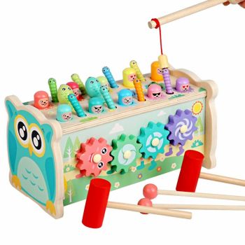 Jucarie din lemn 4 in 1 Banc de lucru cu ciocanel Multifunctional Hamster