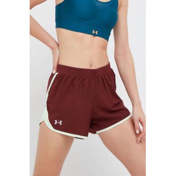 Under Armour pantaloni scurți de alergare femei, culoarea bordo, neted, medium waist