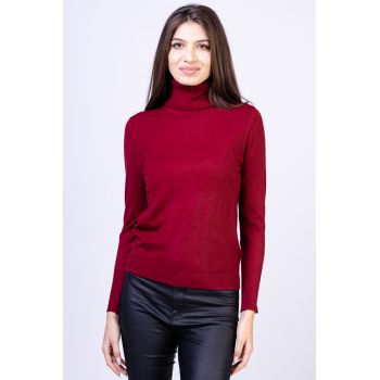 Helanca pulover cu guler inalt si nasturei pe maneca, cu cashmere, bordo