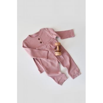 Set bluzita cu maneca lunga si pantaloni lungi din bumbac organic si modal - Roz BabyCosy de firma original