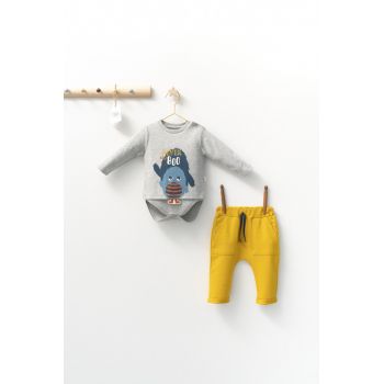 Set cu pantalonasi cu buzunare si body cu maneca lunga pentru bebelusi Monster, Tongs baby