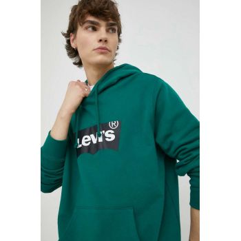 Levi's hanorac de bumbac barbati, culoarea verde, cu glugă, cu imprimeu