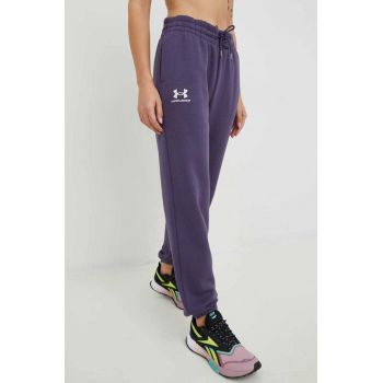 Under Armour pantaloni de trening femei, culoarea albastru marin, neted