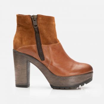 Botine cu toc damă din piele naturală, Leofex – 412 Camel Box + Velur la reducere