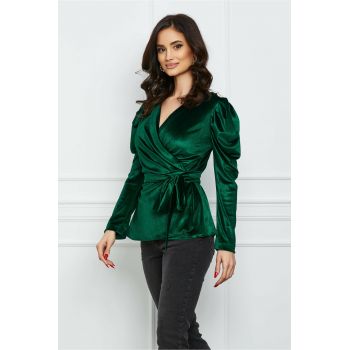 Bluza Dy Fashion verde din catifea cu accesorii pe umeri