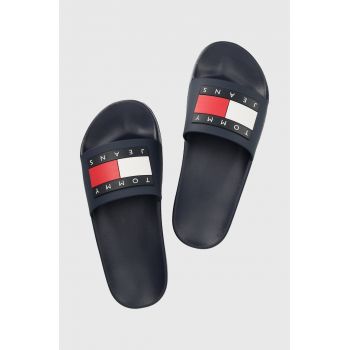 Tommy Jeans papuci FLAG POOL SLD ESS femei, culoarea albastru marin, EN0EN02115