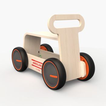 Jucarie din lemn 3 in 1 Ambulanta DriveMe Wood masinuta ride-on, premergator si carucior de jucarii MamaToyz