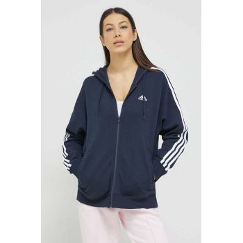 adidas hanorac de bumbac femei, culoarea albastru marin, cu glugă, cu imprimeu