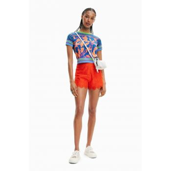 Desigual pantaloni scurti femei, culoarea rosu, neted, high waist