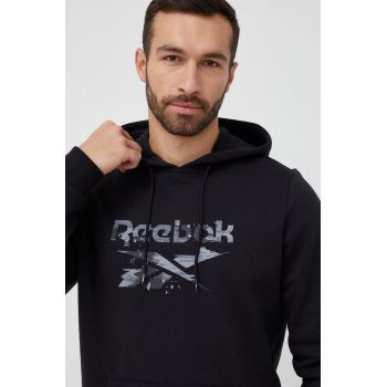 Reebok bluza barbati, culoarea negru, cu glugă, cu imprimeu de firma original