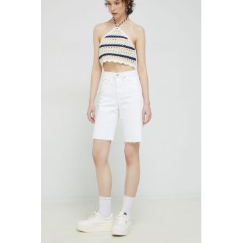 Tommy Jeans pantaloni scurti jeans femei, culoarea alb, neted, high waist