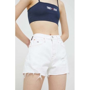 Tommy Jeans pantaloni scurti jeans femei, culoarea alb, neted, high waist la reducere