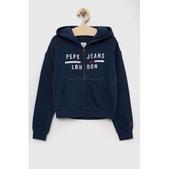 Pepe Jeans hanorac de bumbac pentru copii culoarea albastru marin, cu glugă, cu imprimeu