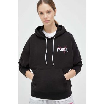 Puma bluza femei, culoarea negru, cu glugă, cu imprimeu