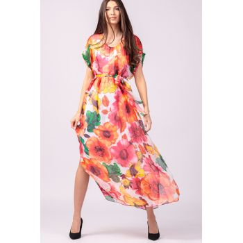 Rochie lunga din matase naturala, cu imprimeu floral pe fond fucsia, cu cordon