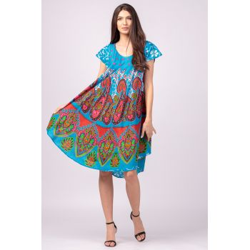 Rochie midi A-line cu imprimeu paisley, pe fond turcoaz