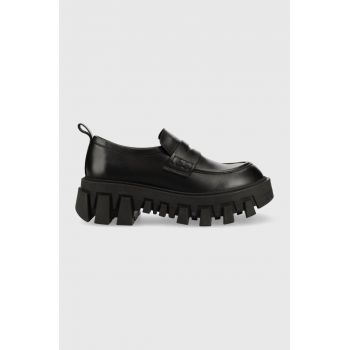 Tommy Jeans mocasini de piele CHUNKY LOAFER LTHER femei, culoarea negru, cu platforma, EN0EN02177