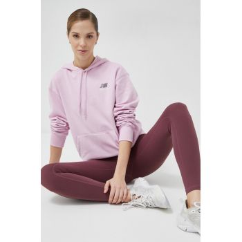 New Balance bluza femei, culoarea violet, cu glugă, cu imprimeu