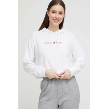 Tommy Jeans bluza femei, culoarea alb, cu glugă, cu imprimeu la reducere