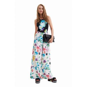 Desigual pantaloni femei, culoarea alb, lat, high waist