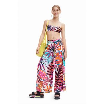 Desigual pantaloni femei, culoarea alb, lat, high waist