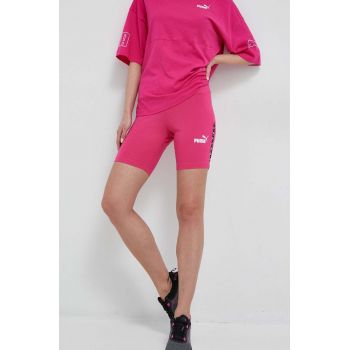 Puma pantaloni scurti femei, culoarea roz, cu imprimeu, high waist