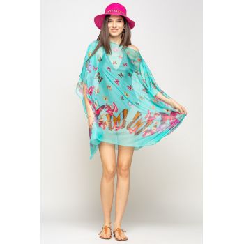 Rochie de plaja tip poncho cu fluturi pe fond turcoaz, vascoza si matase