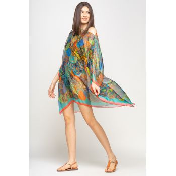 Rochie de plaja tip poncho cu mandale multicolore si margine corai cu turcoaz, matase si vascoza