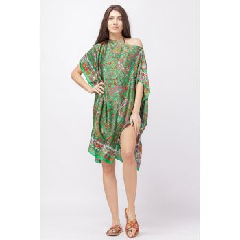 Rochie de plaja tip poncho din matase cu imprimeu paisley pe fond verde