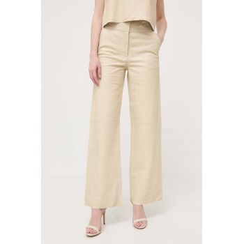 Notes du Nord pantaloni de piele femei, culoarea bej, drept, high waist