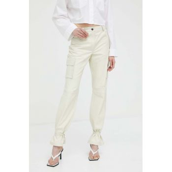 Herskind pantaloni de piele Trisa femei, culoarea bej, drept, high waist