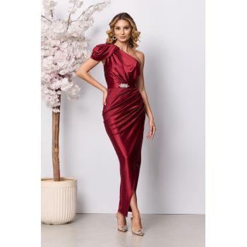 Rochie de ocazie din licra satinat tip one shoulder Sublime Bordo