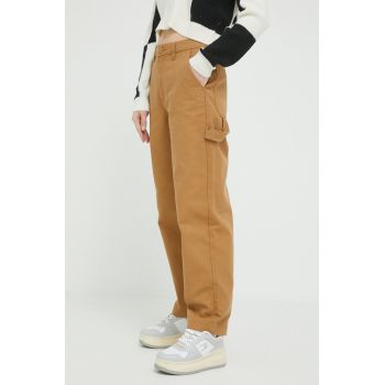 Vans pantaloni de bumbac culoarea maro, drept, high waist