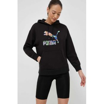 Puma bluza femei, culoarea negru, cu glugă, cu imprimeu